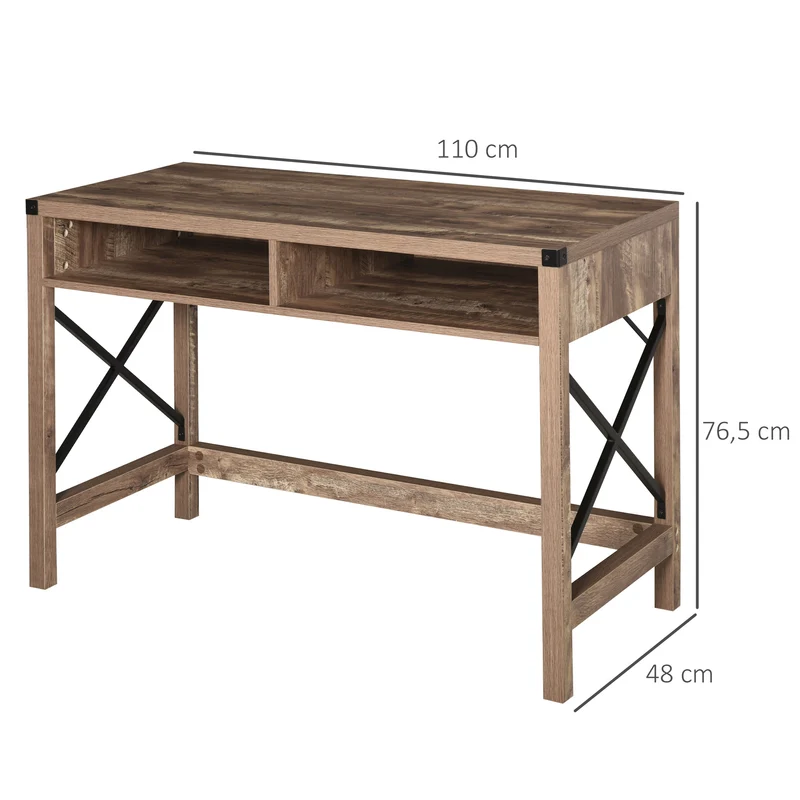 Secretária Design Industrial Tampo Grande 2 nichos Metal Preto Painéis Aglomerado Imitação Madeira Veios Castanho