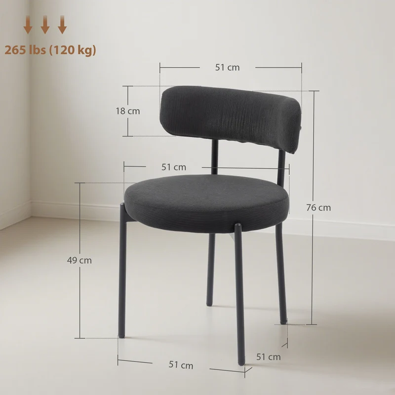 Conjunto de 4 Cadeiras de Sala de Jantar com Encosto em Tecido Pernas em Aço 51x51x76 cm Preto