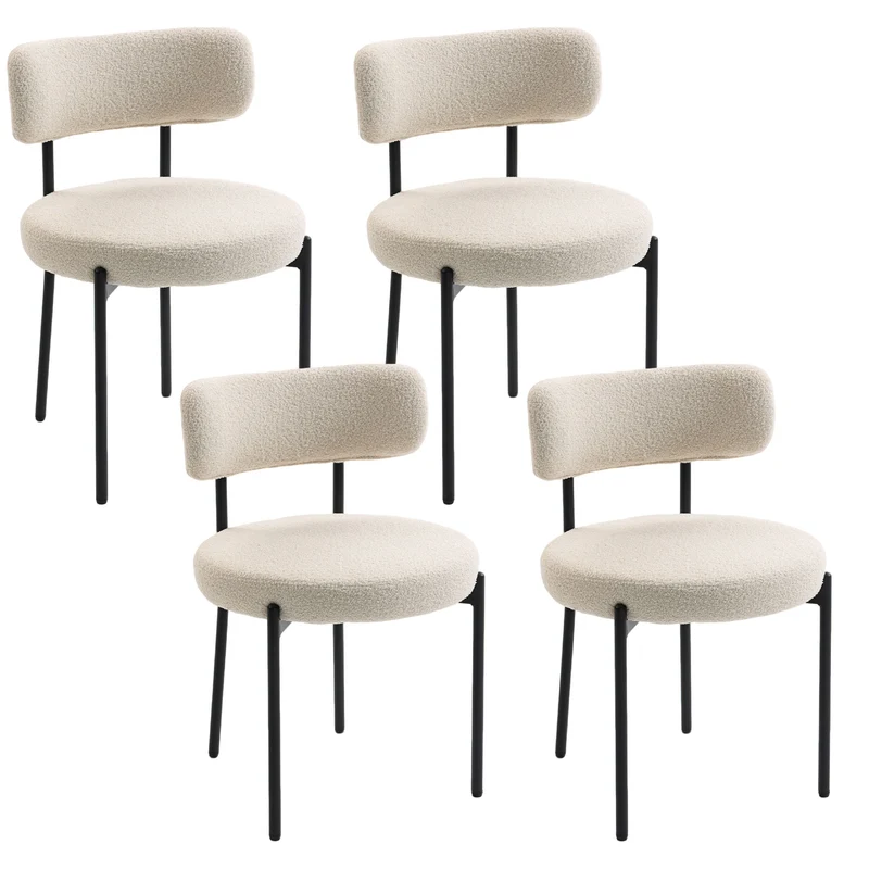 Conjunto de 4 Cadeiras para Sala de Jantar Cadeiras de Cozinha Estofadas em Tecido Bouclette Encosto Curvado Pés em Aço Bege