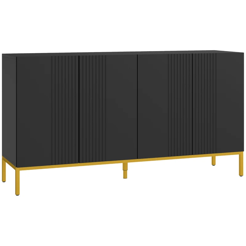 Buffet design contemporâneo gráfico 2 armários portas prateleiras reguláveis em madeira preta metal dourado