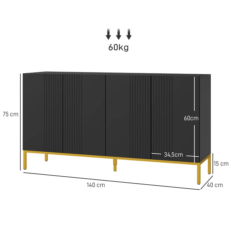 Buffet design contemporâneo gráfico 2 armários portas prateleiras reguláveis em madeira preta metal dourado