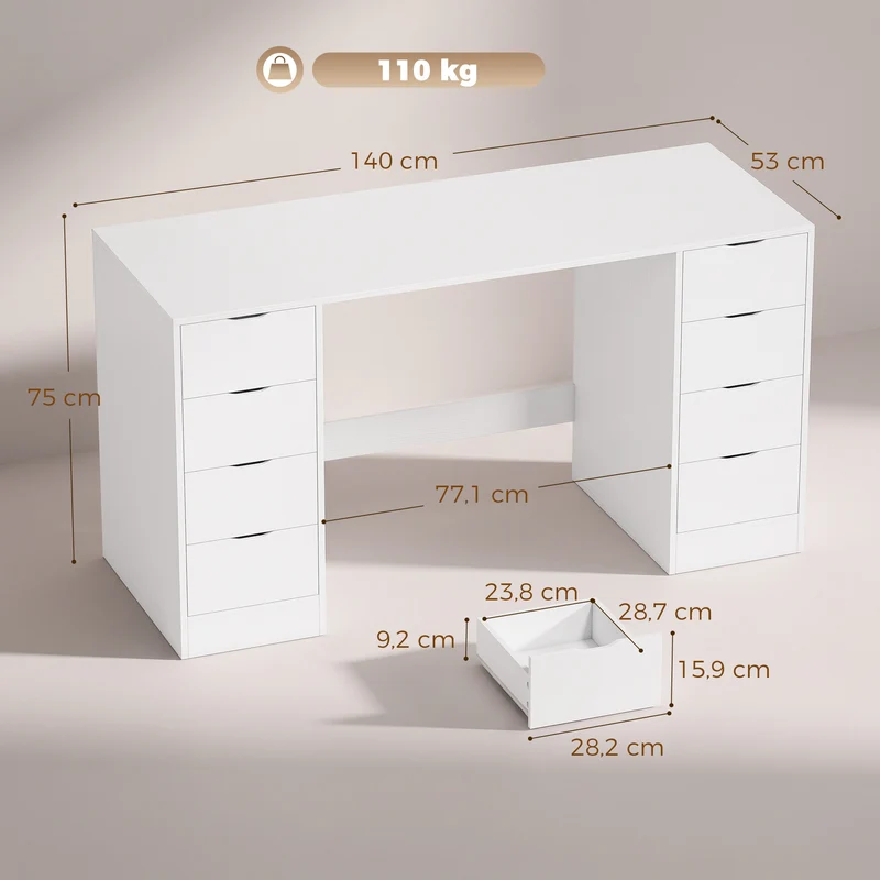 Escrivaninha 140 cm com 8 Gavetas Mesa de Escritório Moderna com Arrumação Aparência de Madeira Branca