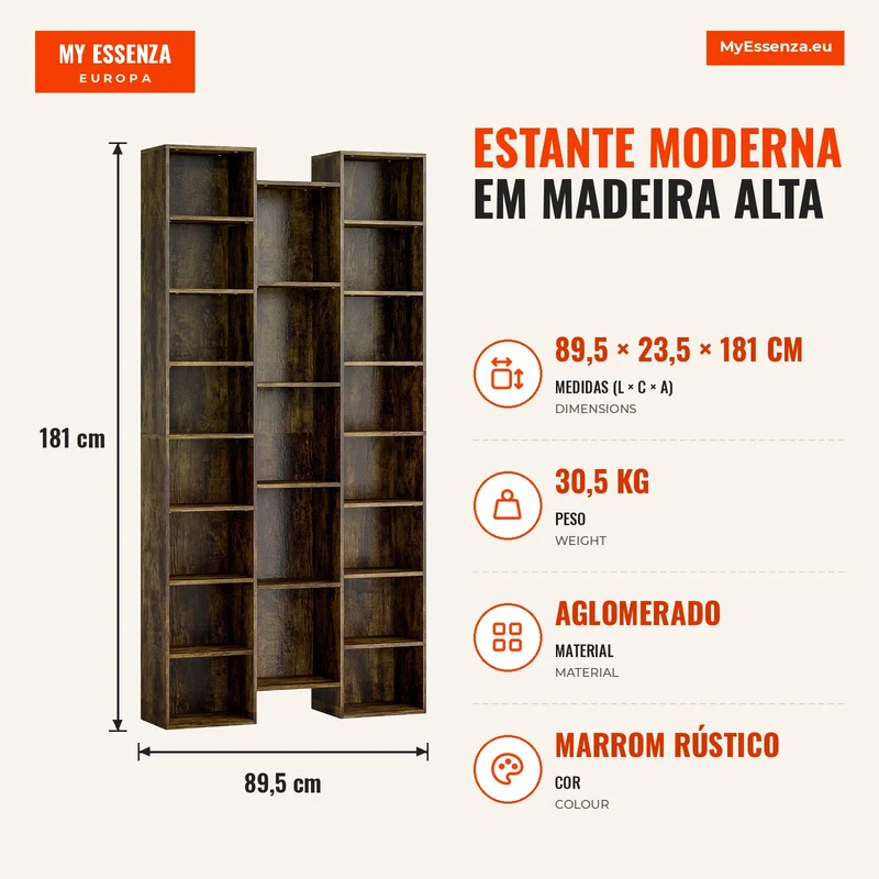 Estante Moderna em Madeira Alta 181 cm com 21 Compartimentos e 10 Prateleiras Ajustáveis Castanho Rústico