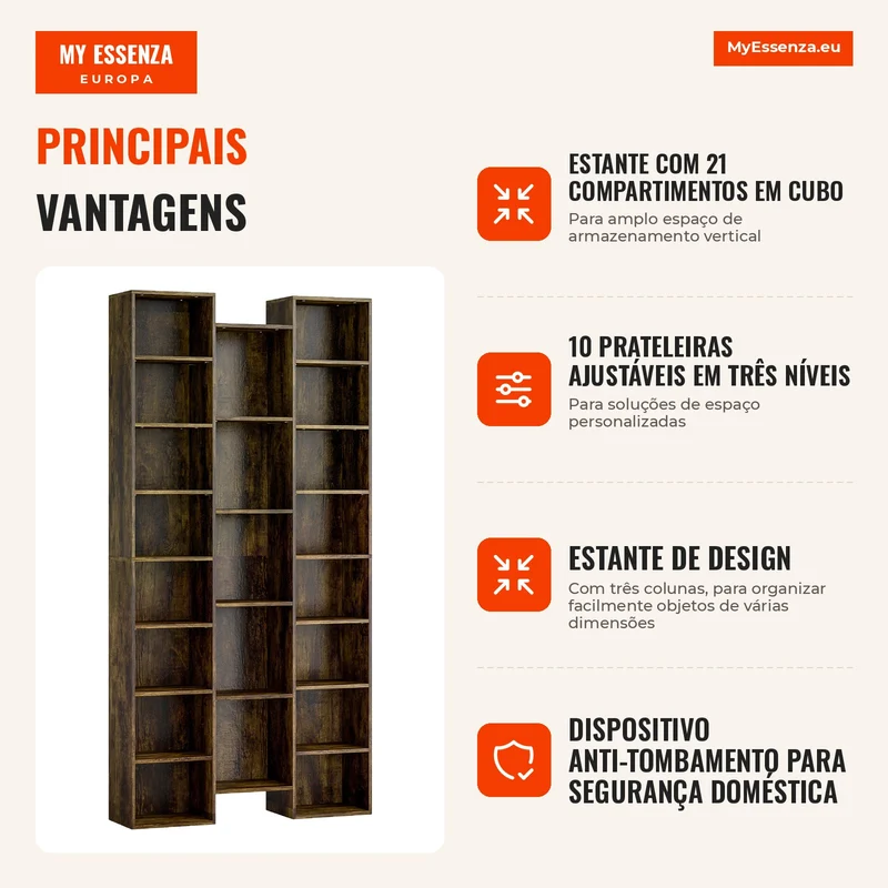 Estante Moderna em Madeira Alta 181 cm com 21 Compartimentos e 10 Prateleiras Ajustáveis Castanho Rústico