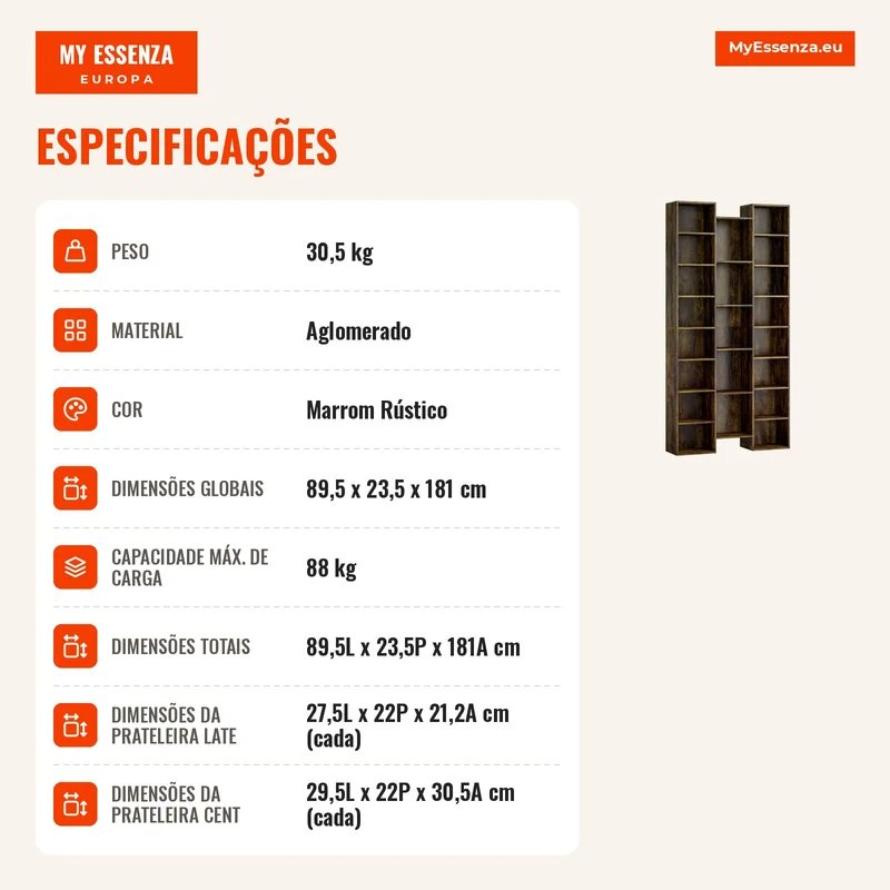 Estante Moderna em Madeira Alta 181 cm com 21 Compartimentos e 10 Prateleiras Ajustáveis Castanho Rústico