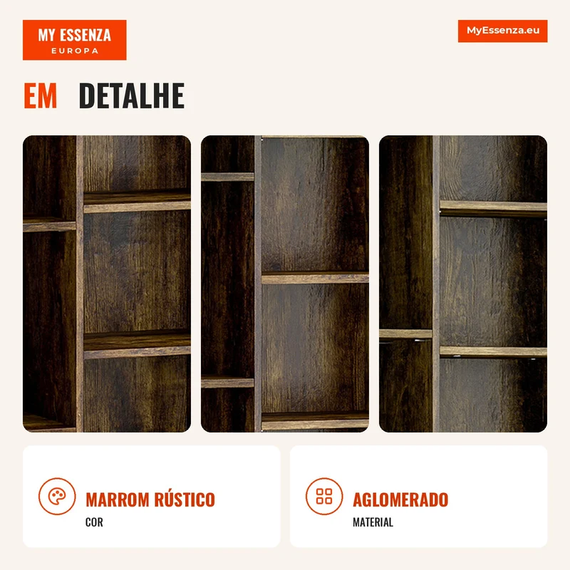 Estante Moderna em Madeira Alta 181 cm com 21 Compartimentos e 10 Prateleiras Ajustáveis Castanho Rústico