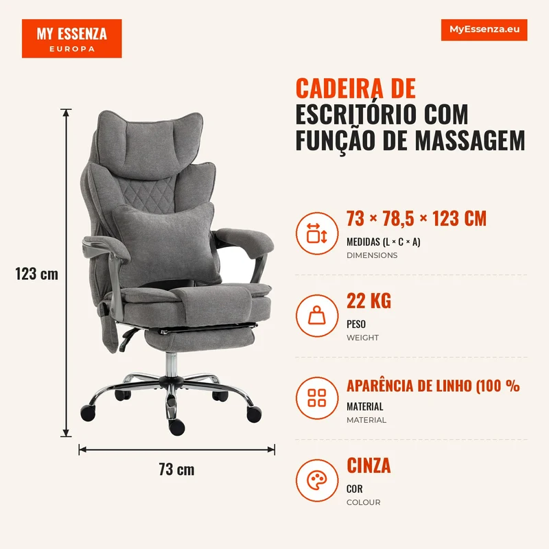 Cadeira de Escritório com Função de Massagem e Aquecimento até 180 kg Ajustável Aparência de Linho Apoio Lombar Assento Amplo Cinza