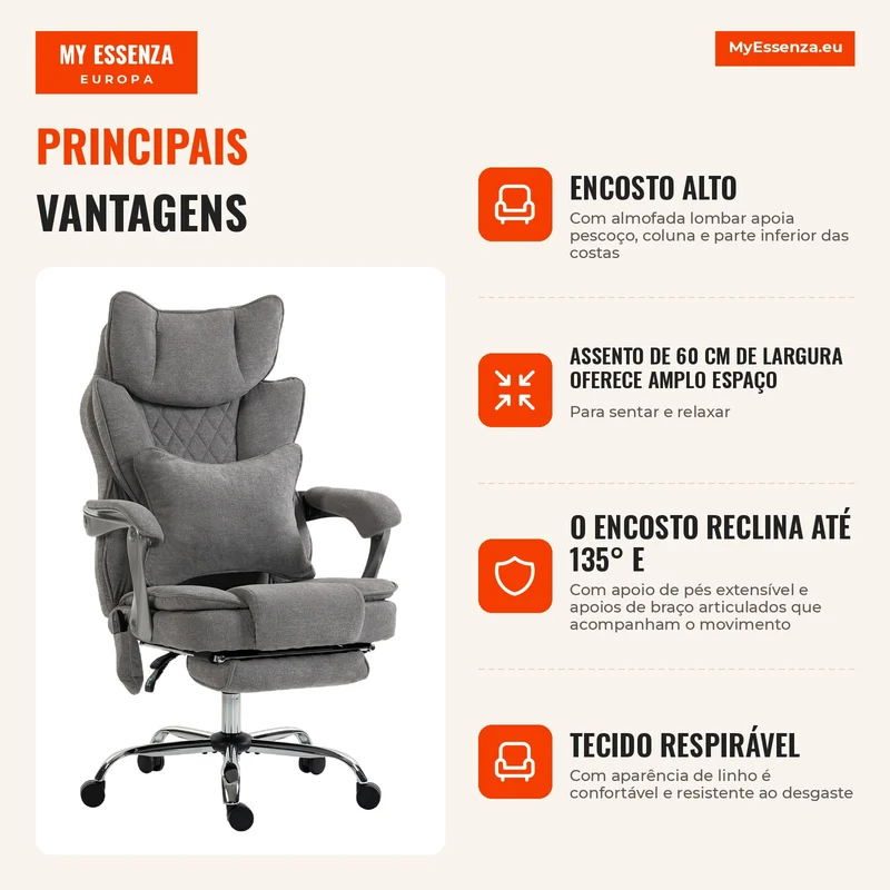 Cadeira de Escritório com Função de Massagem e Aquecimento até 180 kg Ajustável Aparência de Linho Apoio Lombar Assento Amplo Cinza