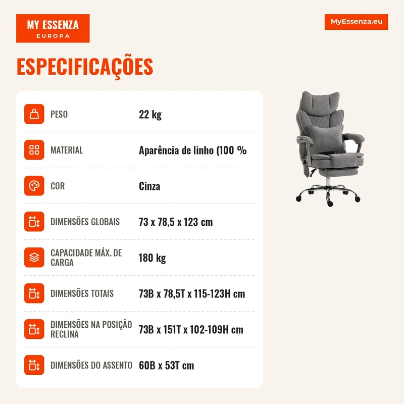 Cadeira de Escritório com Função de Massagem e Aquecimento até 180 kg Ajustável Aparência de Linho Apoio Lombar Assento Amplo Cinza
