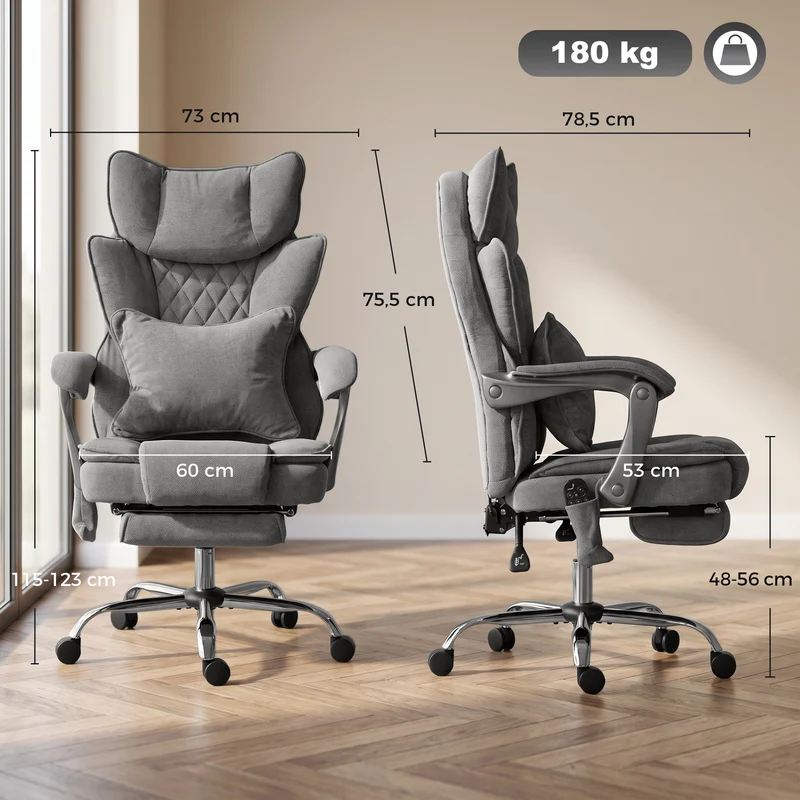Cadeira de Escritório com Função de Massagem e Aquecimento até 180 kg Ajustável Aparência de Linho Apoio Lombar Assento Amplo Cinza