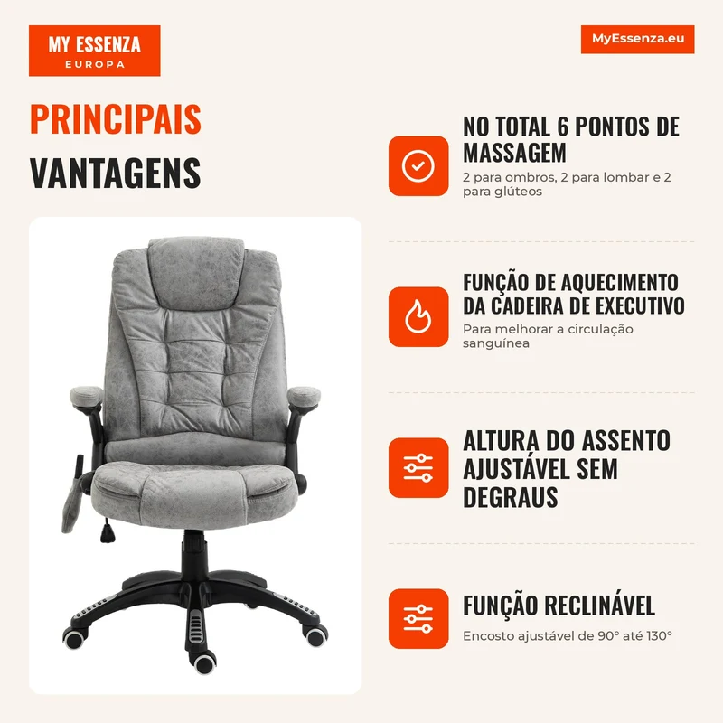 Cadeira de executivo com função de massagem e aquecimento, ergonômica, ajustável, até 120kg, cinza