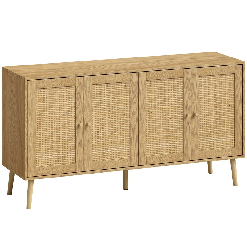 Aparador de Rattan com 4 Portas Aparador de Cozinha Boho com 2 Prateleiras Ajustáveis Acabamento Madeira Natural
