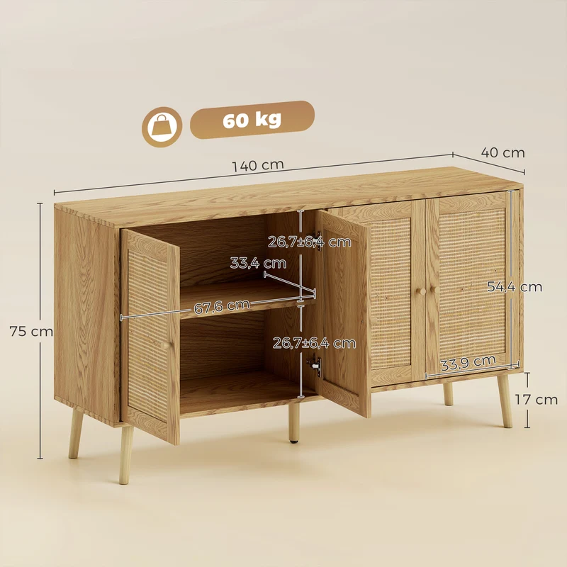 Aparador de Rattan com 4 Portas Aparador de Cozinha Boho com 2 Prateleiras Ajustáveis Acabamento Madeira Natural