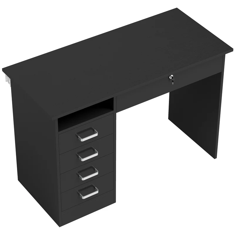 Secretária Moderna com 5 Gavetas Grande Tampo 1 Compartimento Aberto Gaveta com Fechadura 110x50x76 cm Preto