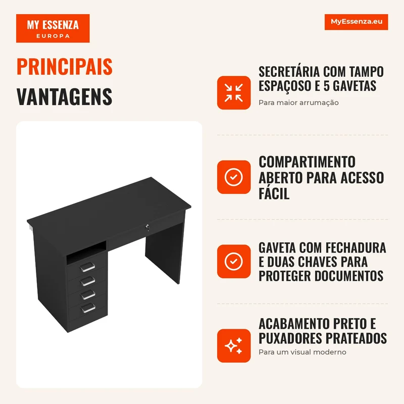 Secretária Moderna com 5 Gavetas Grande Tampo 1 Compartimento Aberto Gaveta com Fechadura 110x50x76 cm Preto