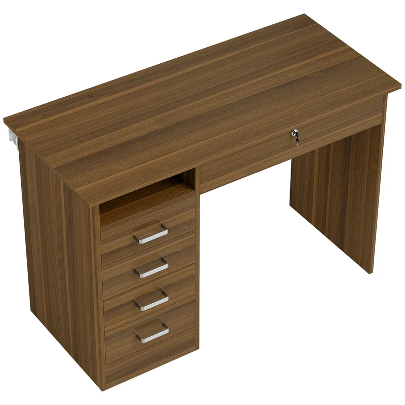 Mesa de Computador com 5 Gavetas 110x50 cm Mesa com Arrumação Prateleira Aberta Gaveta com Fechadura Nogueira