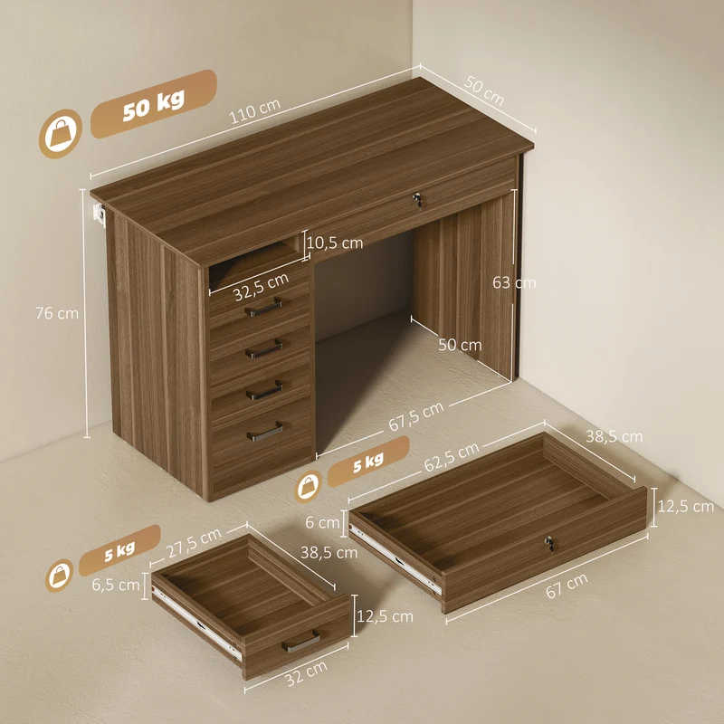 Mesa de Computador com 5 Gavetas 110x50 cm Mesa com Arrumação Prateleira Aberta Gaveta com Fechadura Nogueira