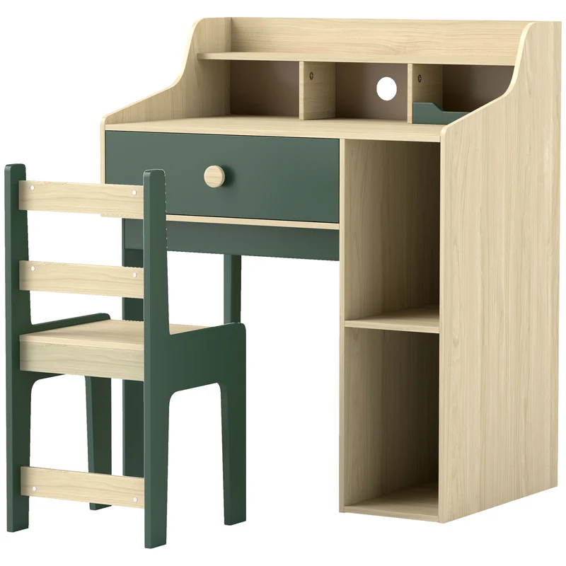 Conjunto de secretária e cadeira para criança com prateleiras de arrumação e gaveta, mobiliário infantil para 3 a 10 anos, verde