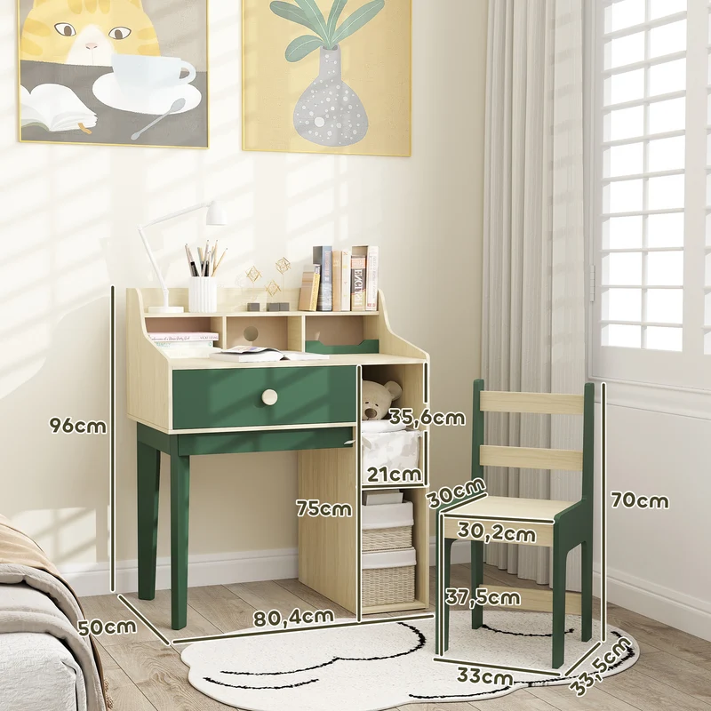 Conjunto de secretária e cadeira para criança com prateleiras de arrumação e gaveta, mobiliário infantil para 3 a 10 anos, verde