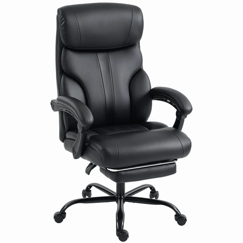 Cadeira de Escritório Ergonómica Giratória Reclinável 165° em Pele PU, Apoio para Pés, Altura Ajustável, Preto