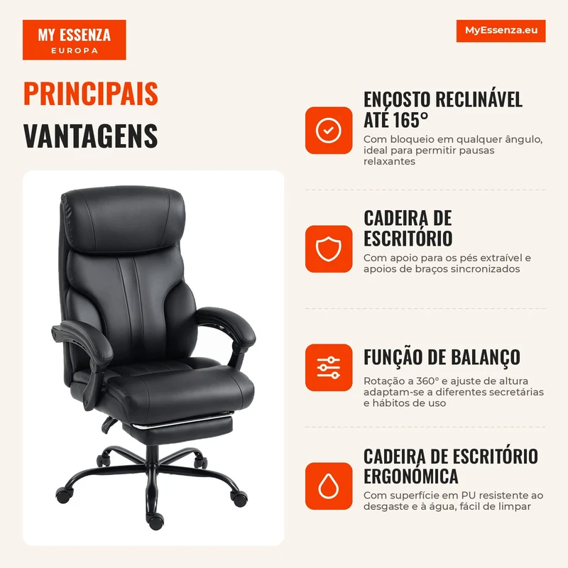 Cadeira de Escritório Ergonómica Giratória Reclinável 165° em Pele PU, Apoio para Pés, Altura Ajustável, Preto