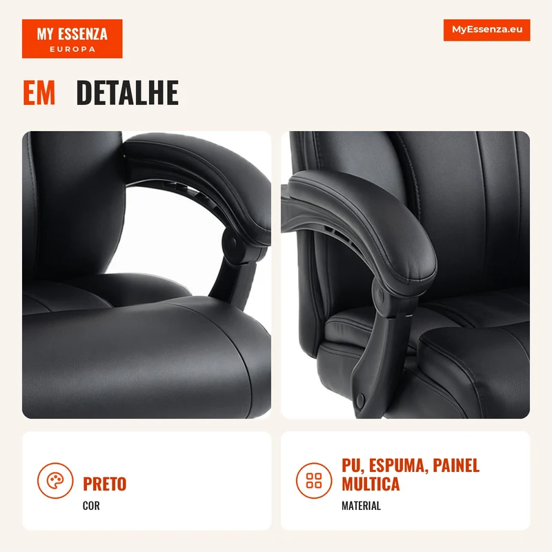 Cadeira de Escritório Ergonómica Giratória Reclinável 165° em Pele PU, Apoio para Pés, Altura Ajustável, Preto