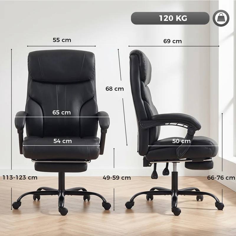 Cadeira de Escritório Ergonómica Giratória Reclinável 165° em Pele PU, Apoio para Pés, Altura Ajustável, Preto