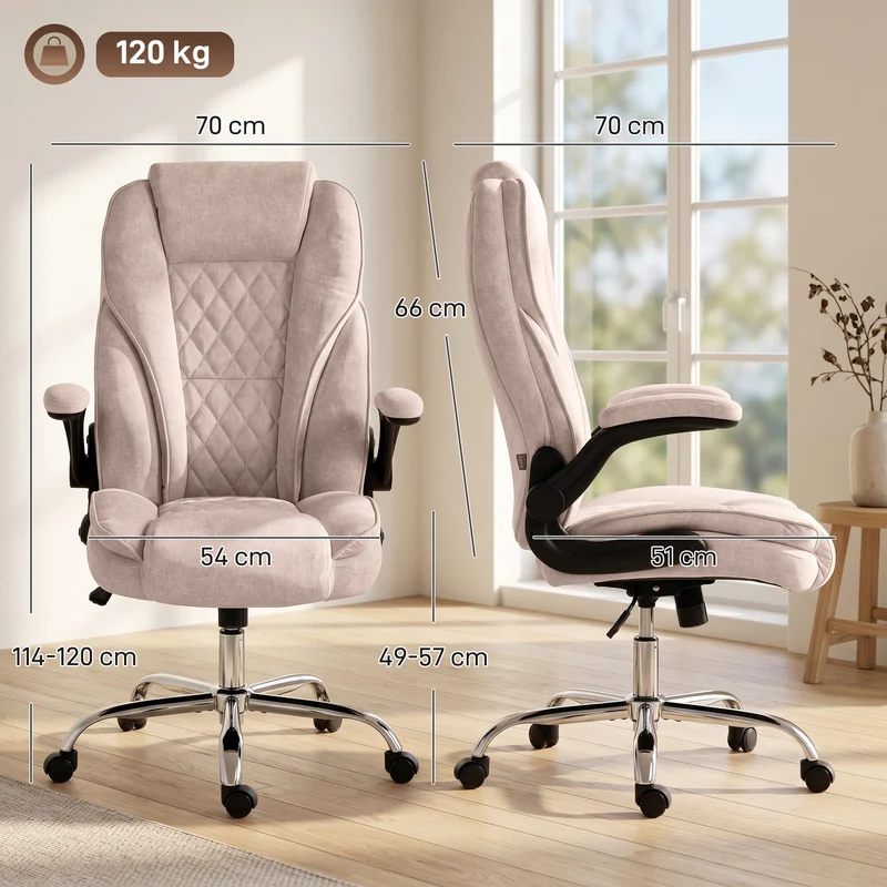 Poltrona de escritório, cadeira de escritório ergonômica, altura ajustável, apoios de braço rebatíveis, 70 x 70 x 114-122 cm, rosa