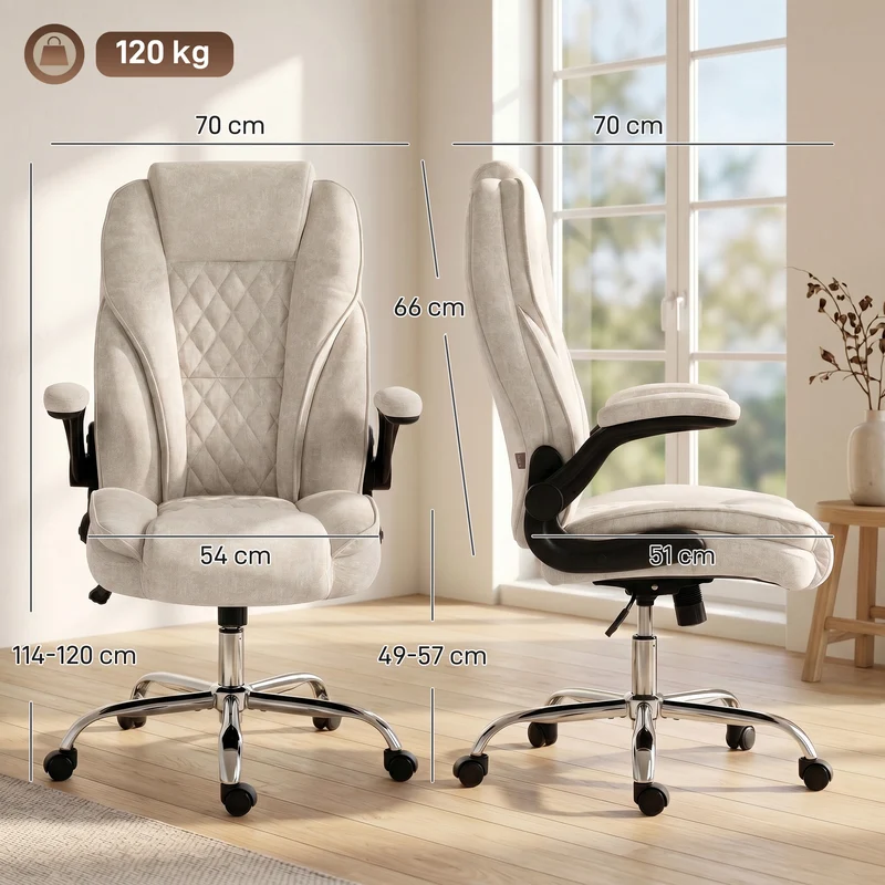 Cadeira de escritório, cadeira ergonômica, altura regulável, apoios de braço rebatíveis, 70 x 70 x 114-122 cm, bege