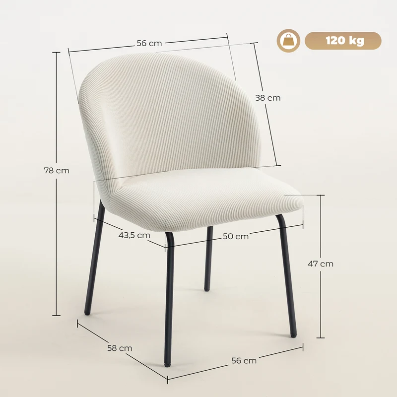 Conjunto de 2 Cadeiras de Sala de Jantar em Veludo Cadeiras de Cozinha com Pernas em Metal 56x58x78cm Creme