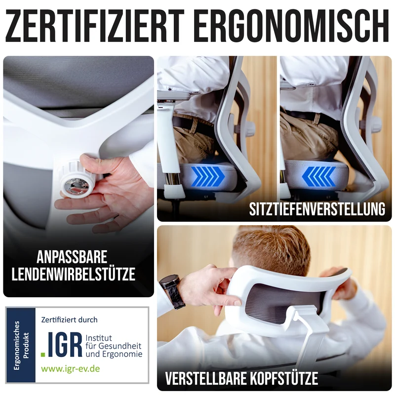 Ergonomischer Bürostuhl mit 4D Armlehnen, FineMesh & Silent Wheels
