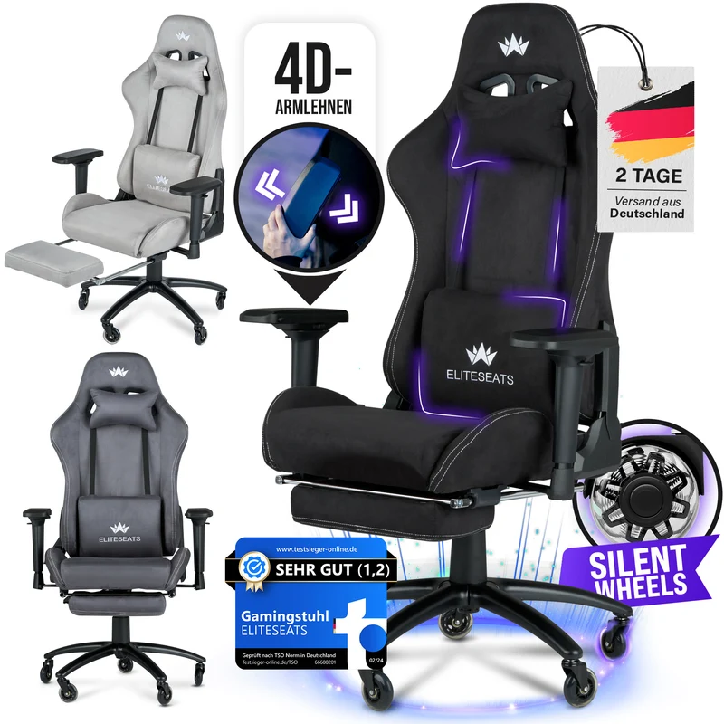 Ergonomischer Gamingstuhl mit Mikrofaser-Velour, 4D Armlehnen & Fußstütze