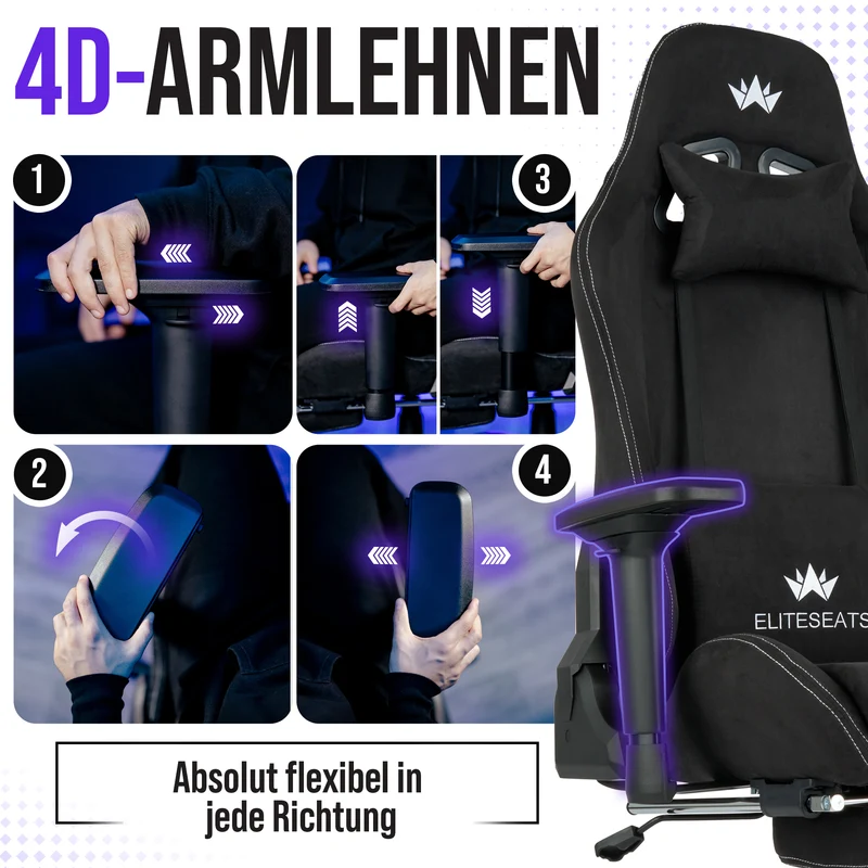 Ergonomischer Gamingstuhl mit Mikrofaser-Velour, 4D Armlehnen & Fußstütze