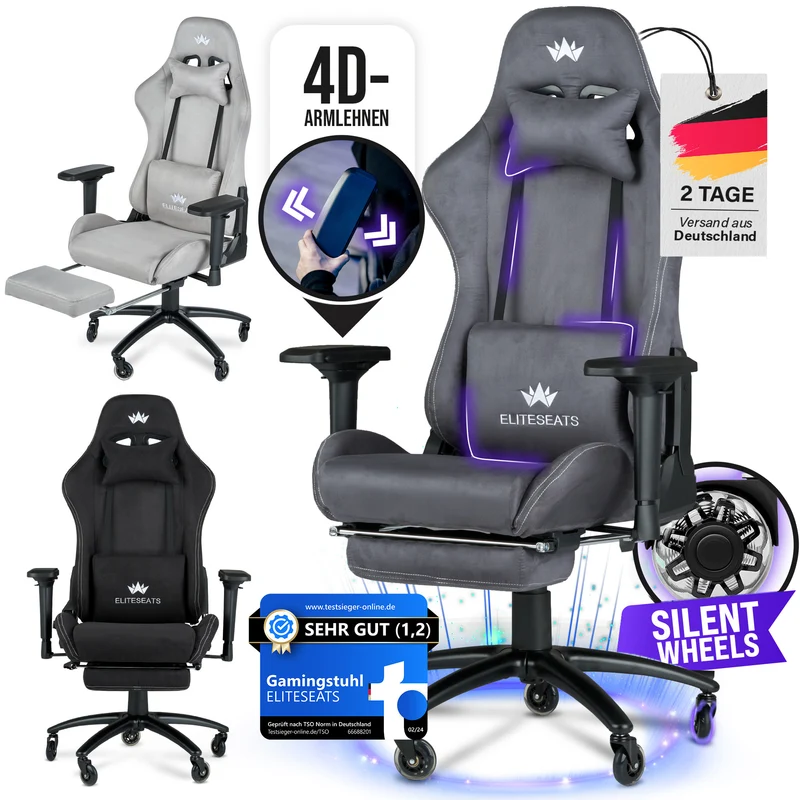 Ergonomischer Gamingstuhl mit Mikrofaser-Velour, 4D Armlehnen & Fußstütze