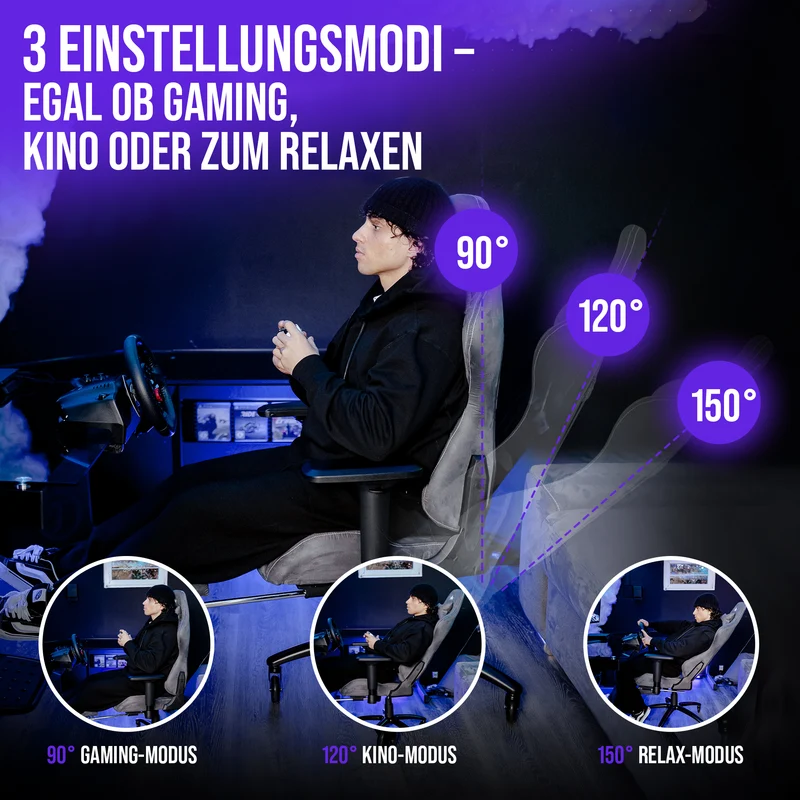 Ergonomischer Gamingstuhl mit Mikrofaser-Velour, 4D Armlehnen & Fußstütze