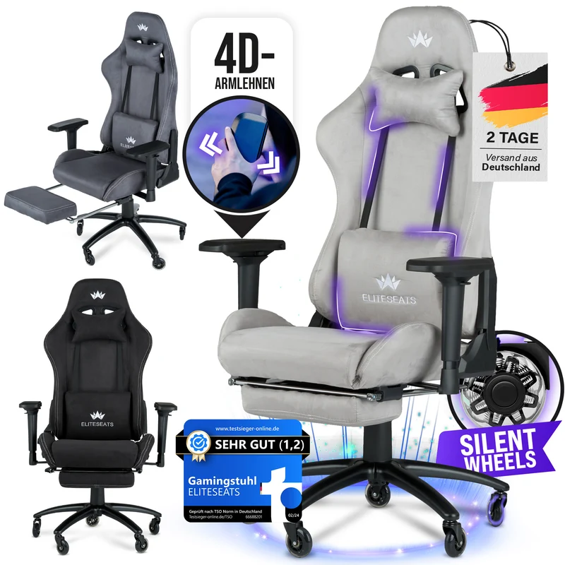 Ergonomischer Gamingstuhl mit Mikrofaser-Velour, 4D Armlehnen & Fußstütze