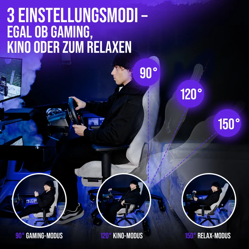 Ergonomischer Gamingstuhl mit Mikrofaser-Velour, 4D Armlehnen & Fußstütze