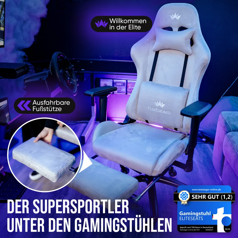 Ergonomischer Gamingstuhl mit Mikrofaser-Velour, 4D Armlehnen & Fußstütze