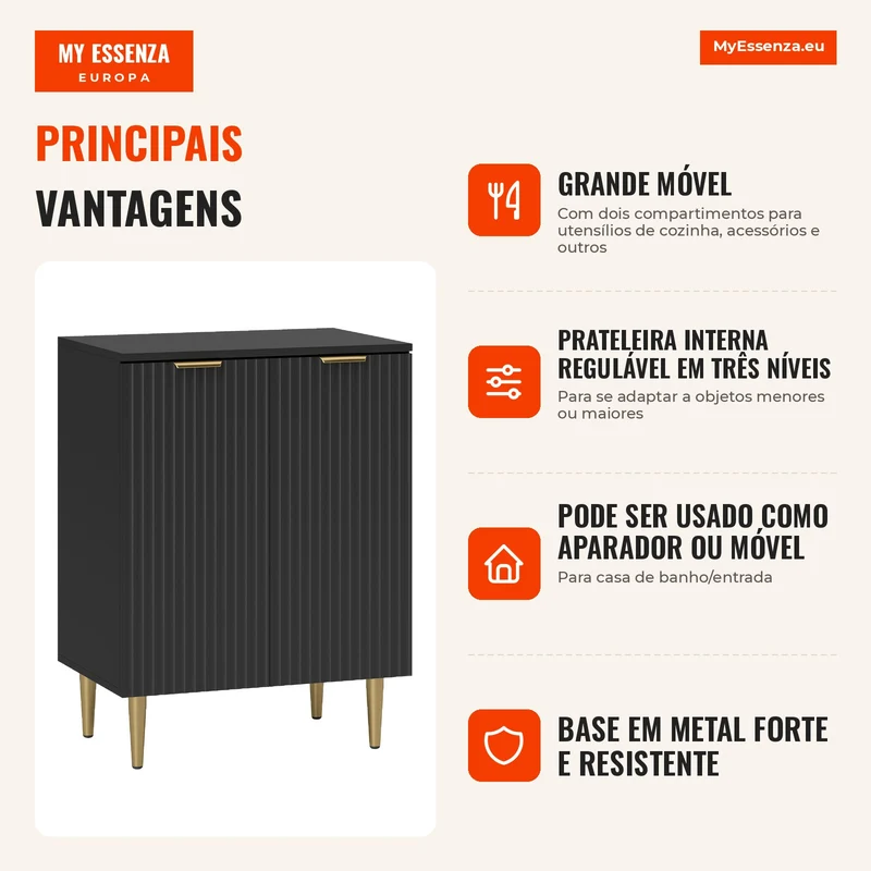 Aparador Moderno com 2 Portas e Prateleira Regulável, Buffet para Cozinha e Sala de Estar com Pernas em Metal, Preto
