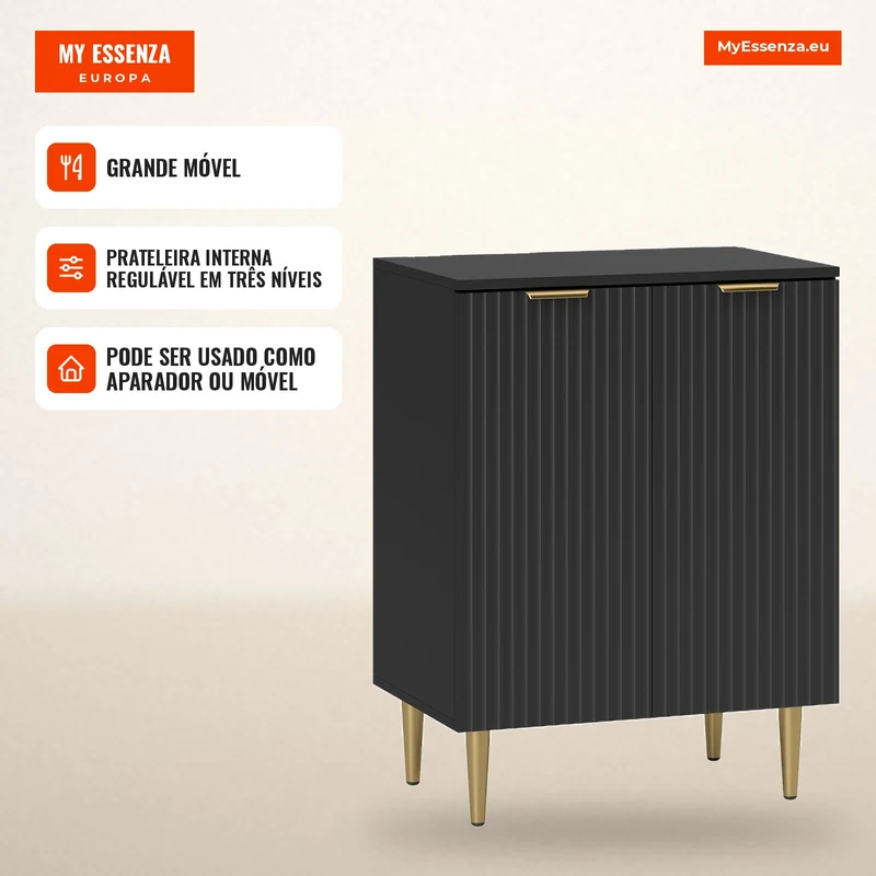 Aparador Moderno com 2 Portas e Prateleira Regulável, Buffet para Cozinha e Sala de Estar com Pernas em Metal, Preto
