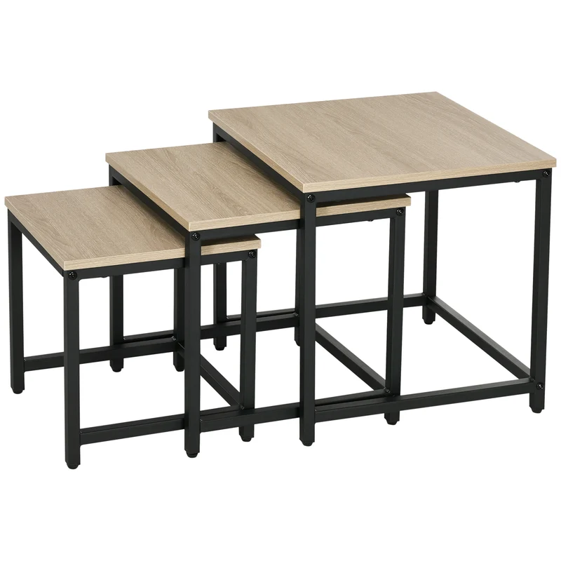 Conjunto de 3 mesas de apoio, Design Industrial, estrutura de aço preta, tampo com efeito madeira