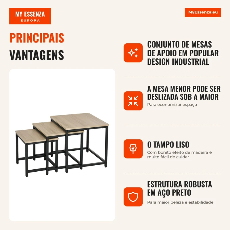 Conjunto de 3 mesas de apoio, Design Industrial, estrutura de aço preta, tampo com efeito madeira
