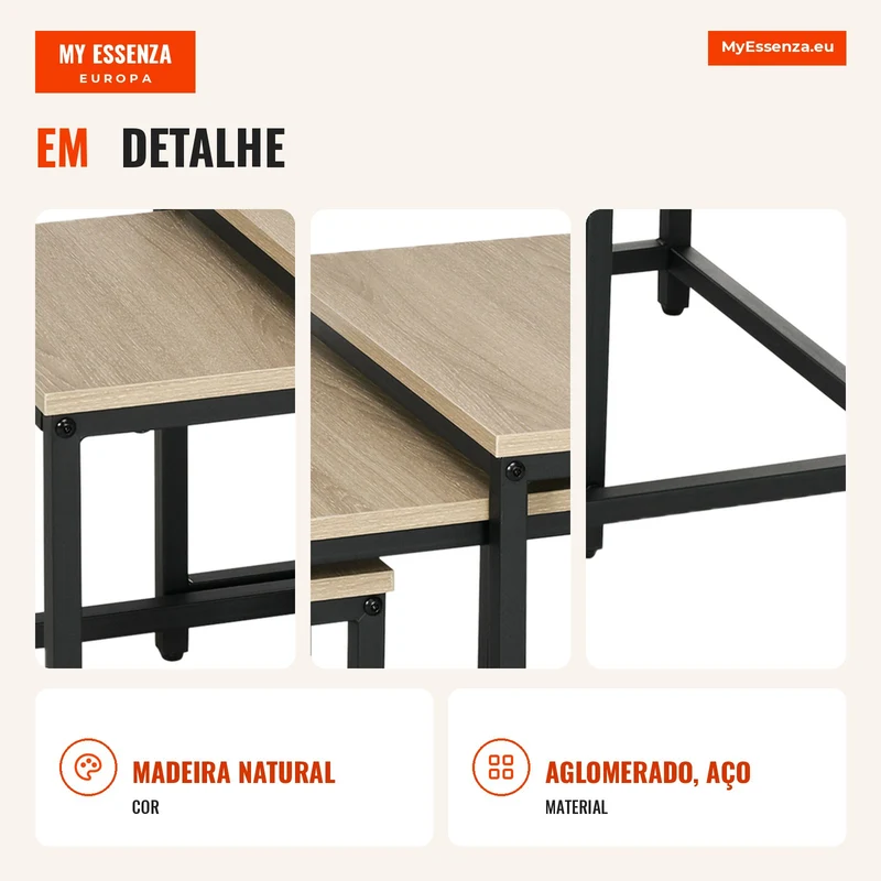 Conjunto de 3 mesas de apoio, Design Industrial, estrutura de aço preta, tampo com efeito madeira