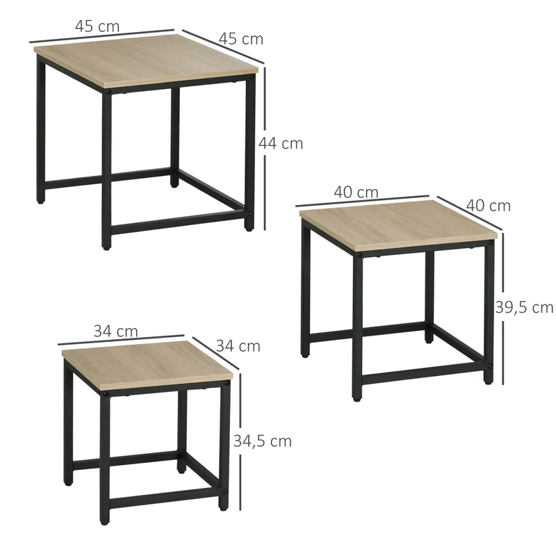 Conjunto de 3 mesas de apoio, Design Industrial, estrutura de aço preta, tampo com efeito madeira