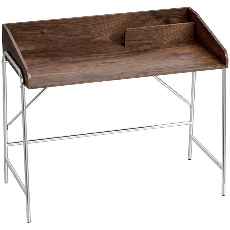 Secretária, mesa de computador 109 cm com rebordo de segurança e estrutura em metal, nogueira
