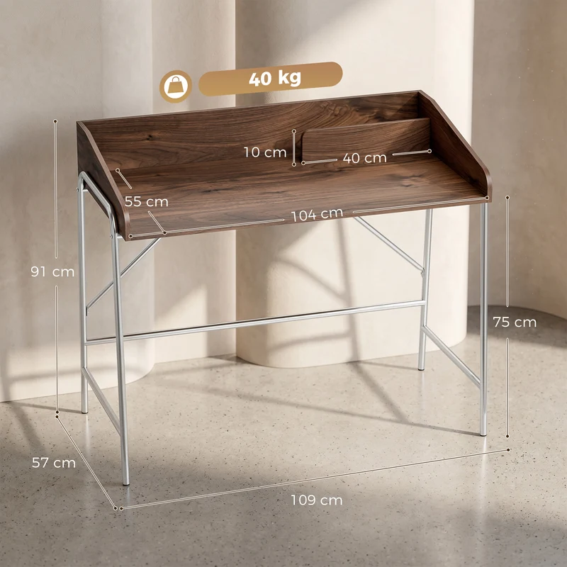Secretária, mesa de computador 109 cm com rebordo de segurança e estrutura em metal, nogueira