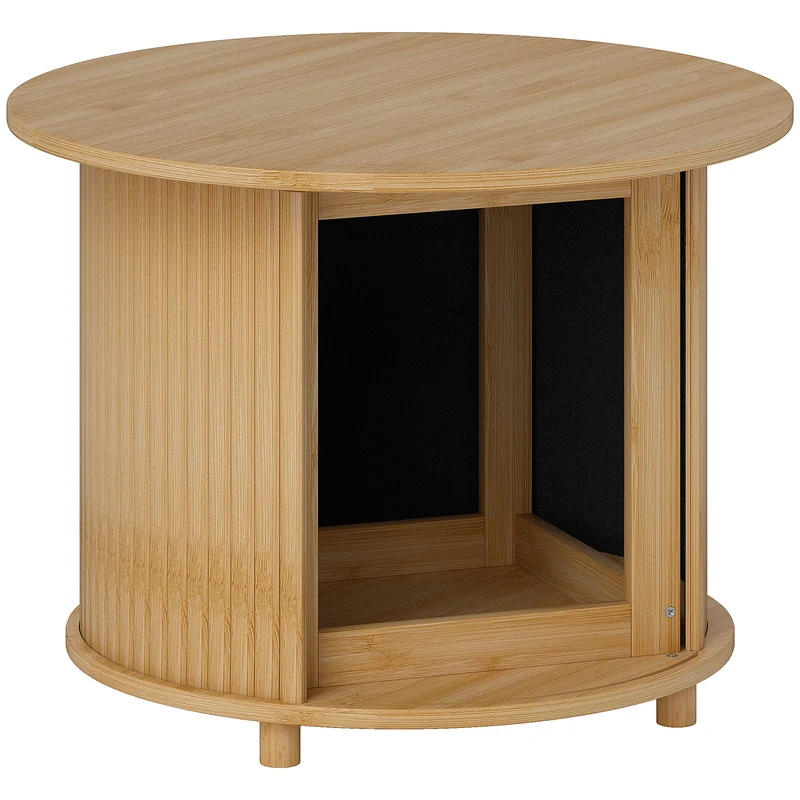 Mesa de Centro Redonda Mesa de Sala em Bambu com Armazenamento Oculto e Porta deslizante Ø 60x45 cm Madeira Natural