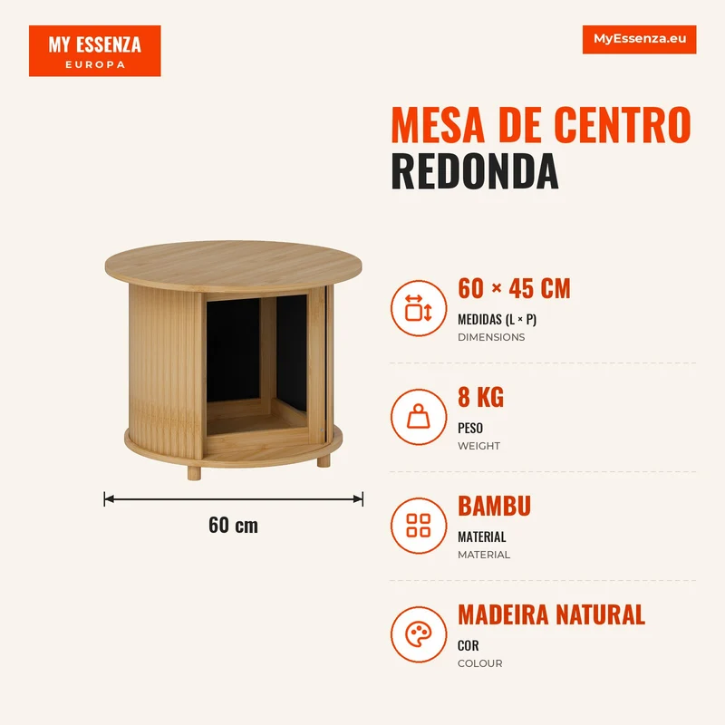 Mesa de Centro Redonda Mesa de Sala em Bambu com Armazenamento Oculto e Porta deslizante Ø 60x45 cm Madeira Natural