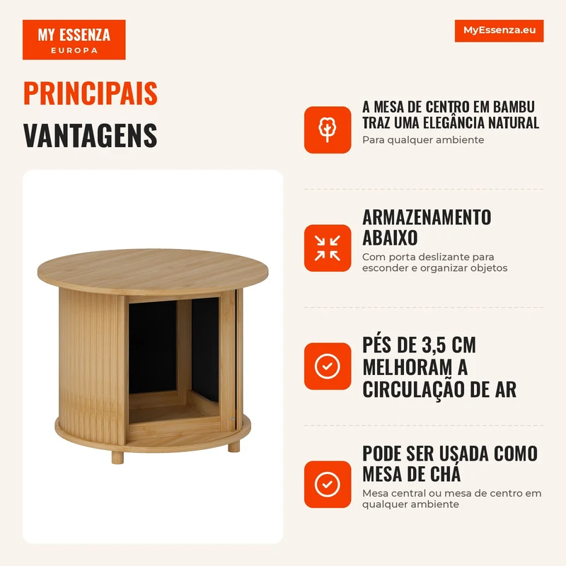Mesa de Centro Redonda Mesa de Sala em Bambu com Armazenamento Oculto e Porta deslizante Ø 60x45 cm Madeira Natural