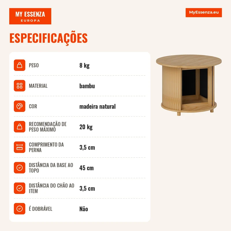 Mesa de Centro Redonda Mesa de Sala em Bambu com Armazenamento Oculto e Porta deslizante Ø 60x45 cm Madeira Natural